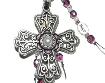 Christian Cross Purple Antique Silver with Pearls and Rhinestones Purse Jewelry
