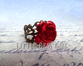 Red Rose Ring - Beauty and the Beast Rose Ring - Enchanted Rose Jewelry - Vintage Brass Filigree Setting - Valentine Ring - Fairy Tale Ring