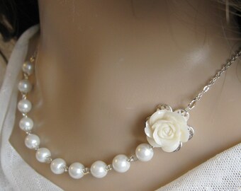 Rose pearl necklace, bridesmaids necklace, wedding jewelry - F006 (Choose your pearl colour)