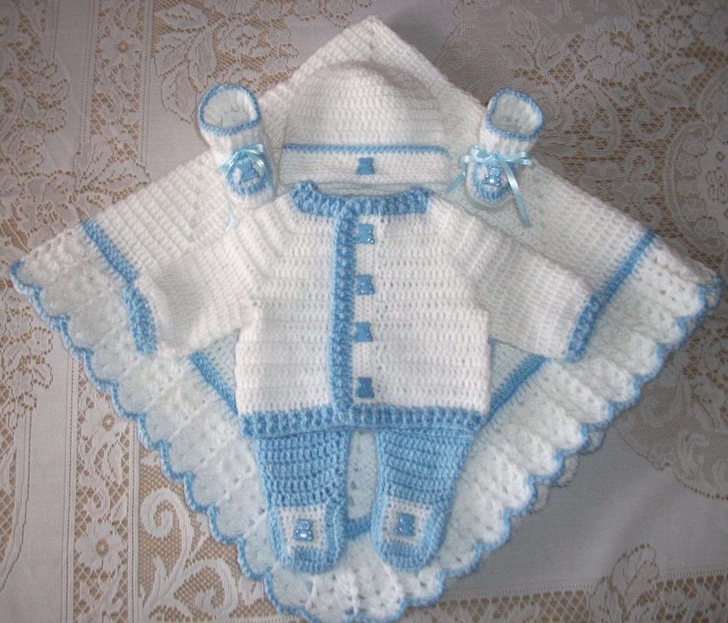 Baby Boy Blue and White Crochet Layette Sweater Set Leggings