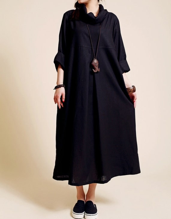 Linen loose fitting long dress women long sleeved robe gown