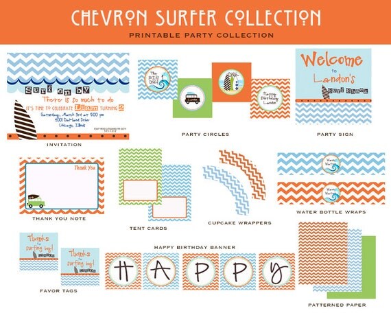 BOYS SURFER PARTY, Printable Party Package (Orange and Blue, Chevron, Beach Party) Il_570xn