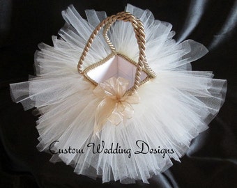 Beautiful Champagne and Ivory Tulle Flower Girl Basket. Adds a touch of class to any wedding. Comes on other colors.