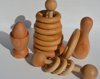 Deluxe Montessori Inspired Natural Wooden Baby Toy Gift Set Rattle Teething Set Stacking Toy