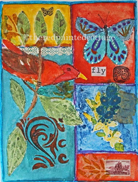 Whimsical Just Fly - 11 x 14 inch Original Mixed Media Watercolor Painting,