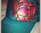 Jade green trucker with hand painted goldy/deep red ombré lotus