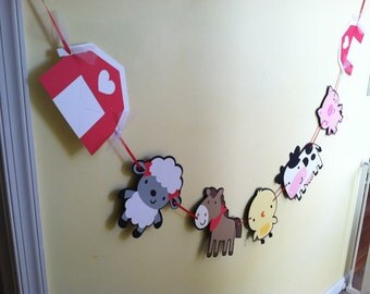 Farm Animal Banner, Large Banner, Barnyard Banner, Farm Birthday, Farm Theme, Cow, Horse, Sheep, Chick, Pig, Red and White, CUSTOM ORDER