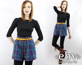 Vintage 80s High Waisted Plaid Wool Shorts M L High Waisted Shorts High Waist Shorts Plaid Shorts Wool Plaid Shorts