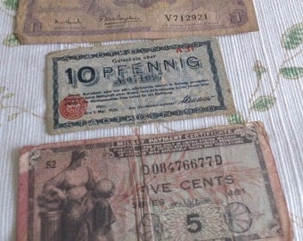 Paper Money from Long Ago, 1 Dalasi from Gambia, 10 Pfennig from Germany 1920, 5 Cents Military Payment