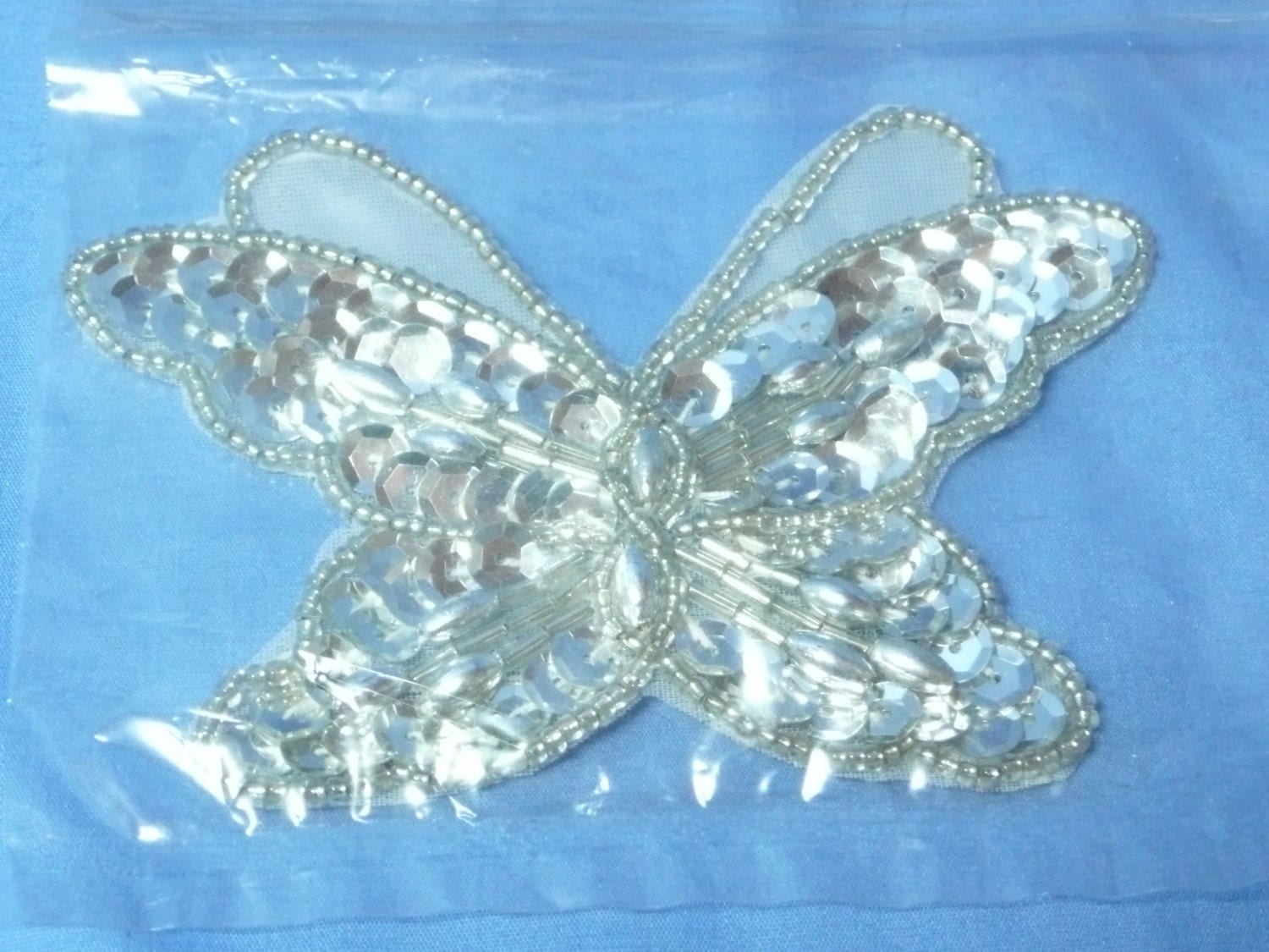 Large Sequin and Beaded Applique Silver Butterfly