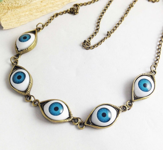 1pc Antique Bronze Blue Eyes Necklace Handmade Necklace