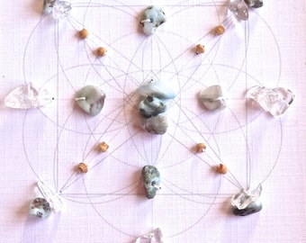 LARIMAR -- CRYSTAL GRID--- framed crystal grid with sacred geometry