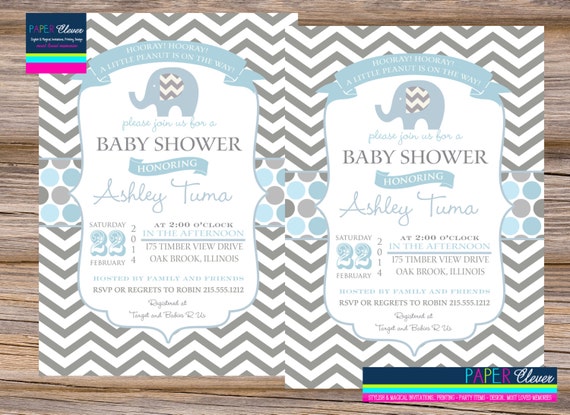 Boys Baby Shower Invitations, elephant, baby blue, typography - digital file, printable #1581 Il_570xn
