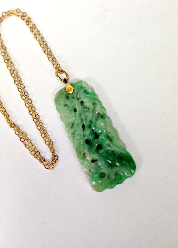 Vintage Carved Green Jade Pendant with 14K Gold by Topcatvintage