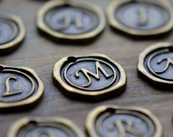Alphabet Wax Seal Stamp Charms Initial Charm ANTIQUE BRONZE Monogram 20mm Round Disc Monogram Letter Alphabet (E010-E035)