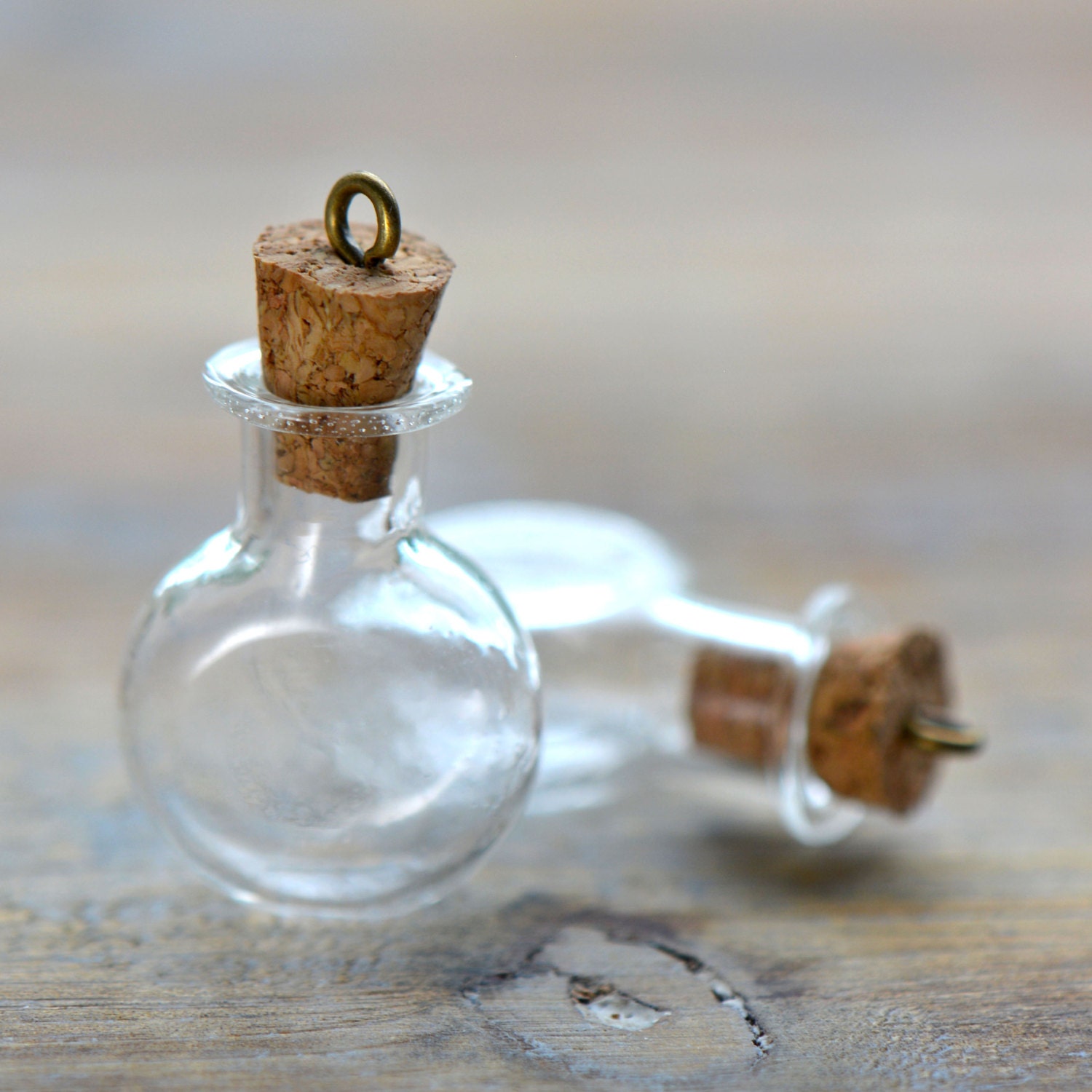 2 Clear Flat Round Glass Bottle Charms Hand Blown Glass Cork
