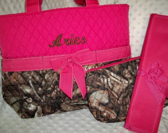 PERSONALIZED 3 Piece Diaper Bag Set with Name - Baby Girl Hot Pink Camo Personalized Diaper Bag, Pouch, and Changing Pad Embroidered