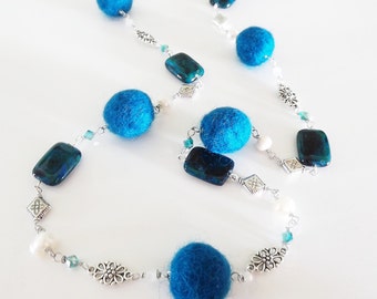 Felt Necklace, Long Bead Necklace With Earrings, Topaz Blue Necklace, Felted Jewelry, Blue Beaded Necklace
