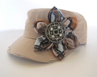 Sale...Khaki Cadet Military Distressed Army Hat with Flannel Petal Flower and Gorgeous Rhinestone Brooch Accent
