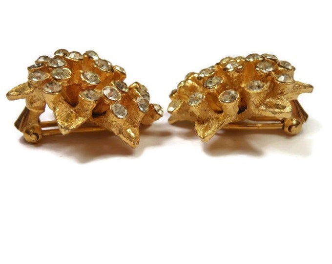 FREE SHIPPING BSK rhinestone earrings, clear flower or sea urchin clip earrings with gold leaves, signed