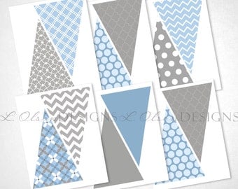 Blue and Gray Pennant Banner - DIY Printable - INSTANT DOWNLOAD