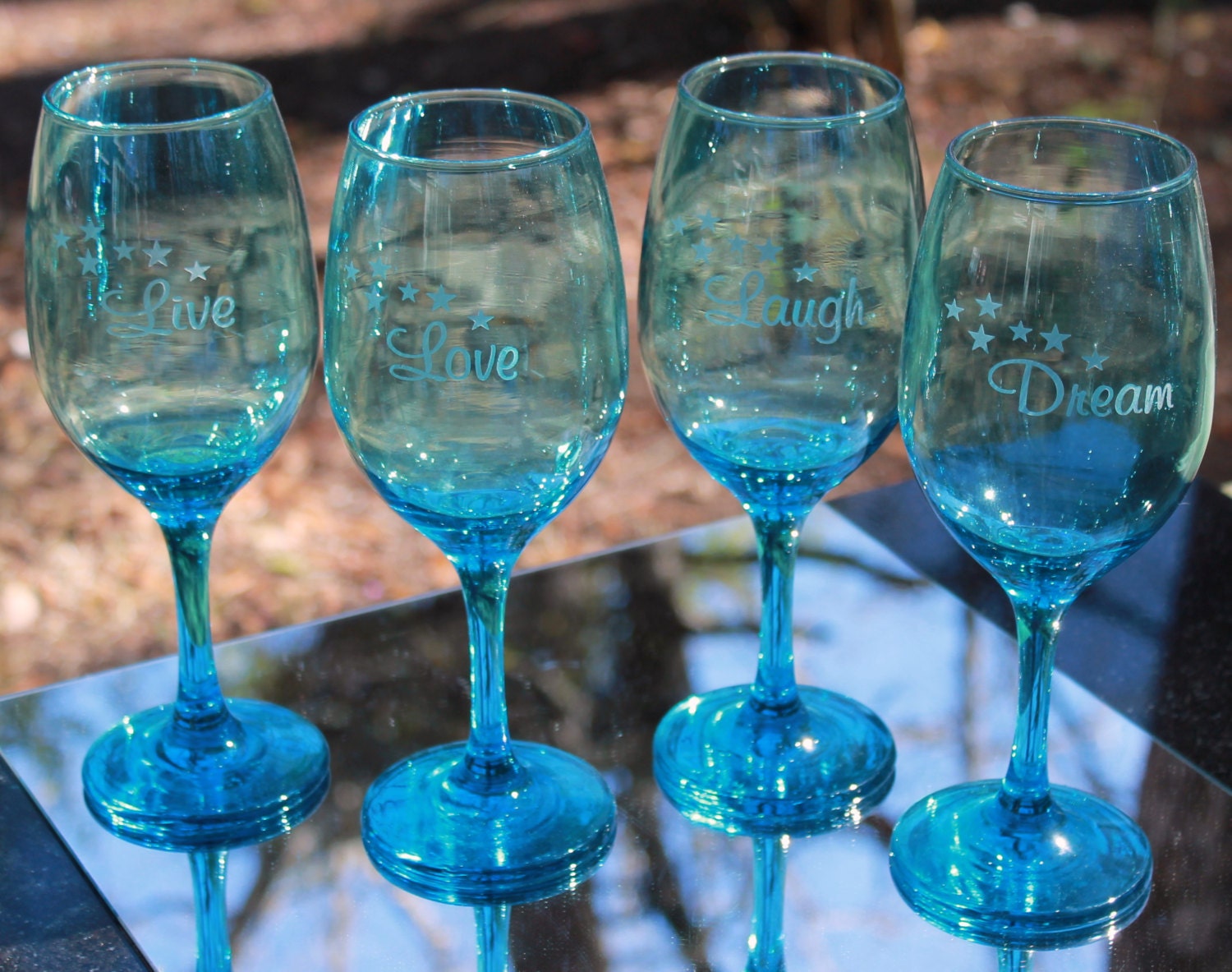 Set of 4 Etched Aqua Wine Glasses with Live Laugh Love