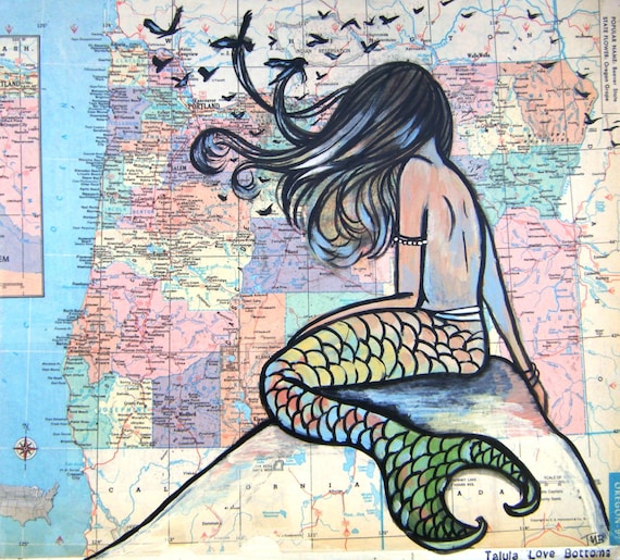 Custom Map Mermaid artwork mixed media original on wood