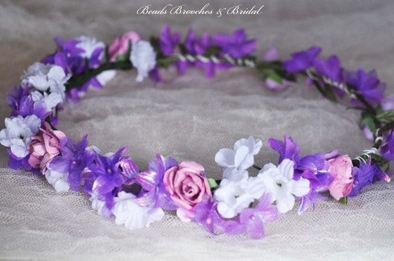 Items similar to Purple & White Wedding Flower Crown, White Flower Hair ...