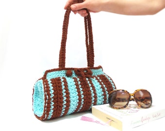 Crochet Bag, Cylinder bag, Brown, Blue crochet tote bag, Handmade crochet handbag, Unique bag, Useful bag, Pouch, Blue Brown