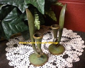 Candle Holder Pair, Vintage Green Enamel & Brass, Candle Sconce, Primitive Country, Farmhouse Style, Colonial Decor