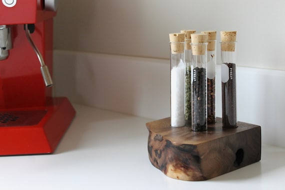 Walnut Test Tube Spice Rack w/ cork stoppers in Salvaged wood - live edge