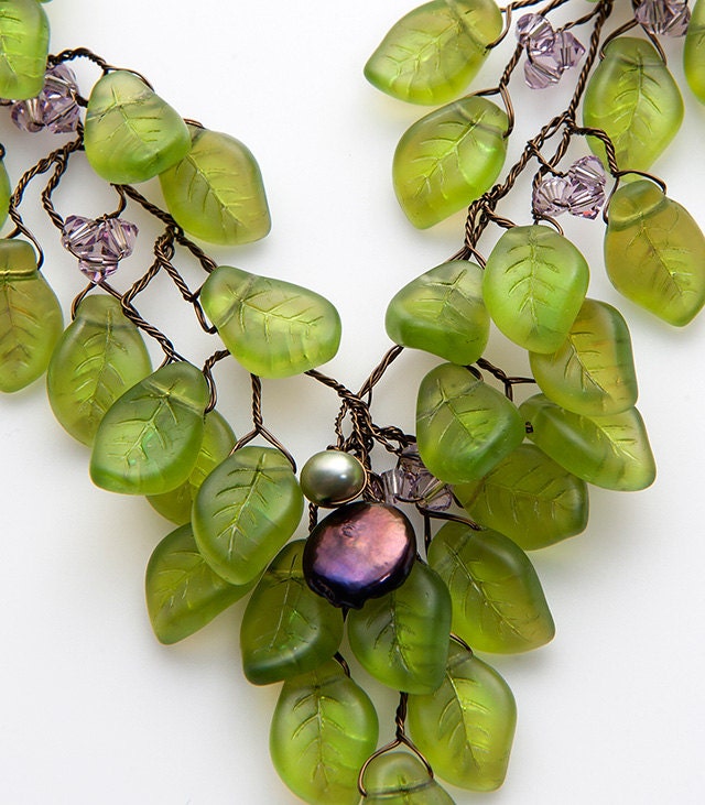 Green Statement Necklace With Leaves By Cherylparrottjewelry 7983