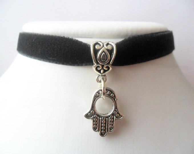 Velvet choker with Hamsa hand charm and a width of 3/8” Black (pick your size) Ribbon Choker Necklace