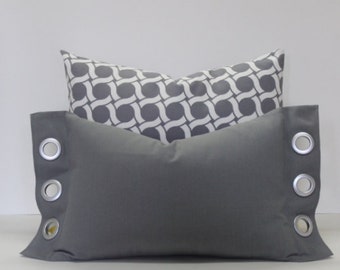 Grey lumbar pillow cover with flange and grommets ~ Brushed silver grommet accents. sofa pillow cover, home decor accent pillow