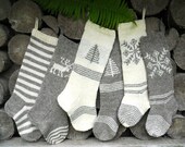 Hand knit Christmas Stocking Grey and White with stripes, deer, tree, snowflake ornament Personalized Christmas decoration