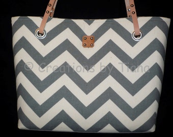 Gray Chevron Canvas Bag Purse, Shoulder Bag w leather handles, Handmade