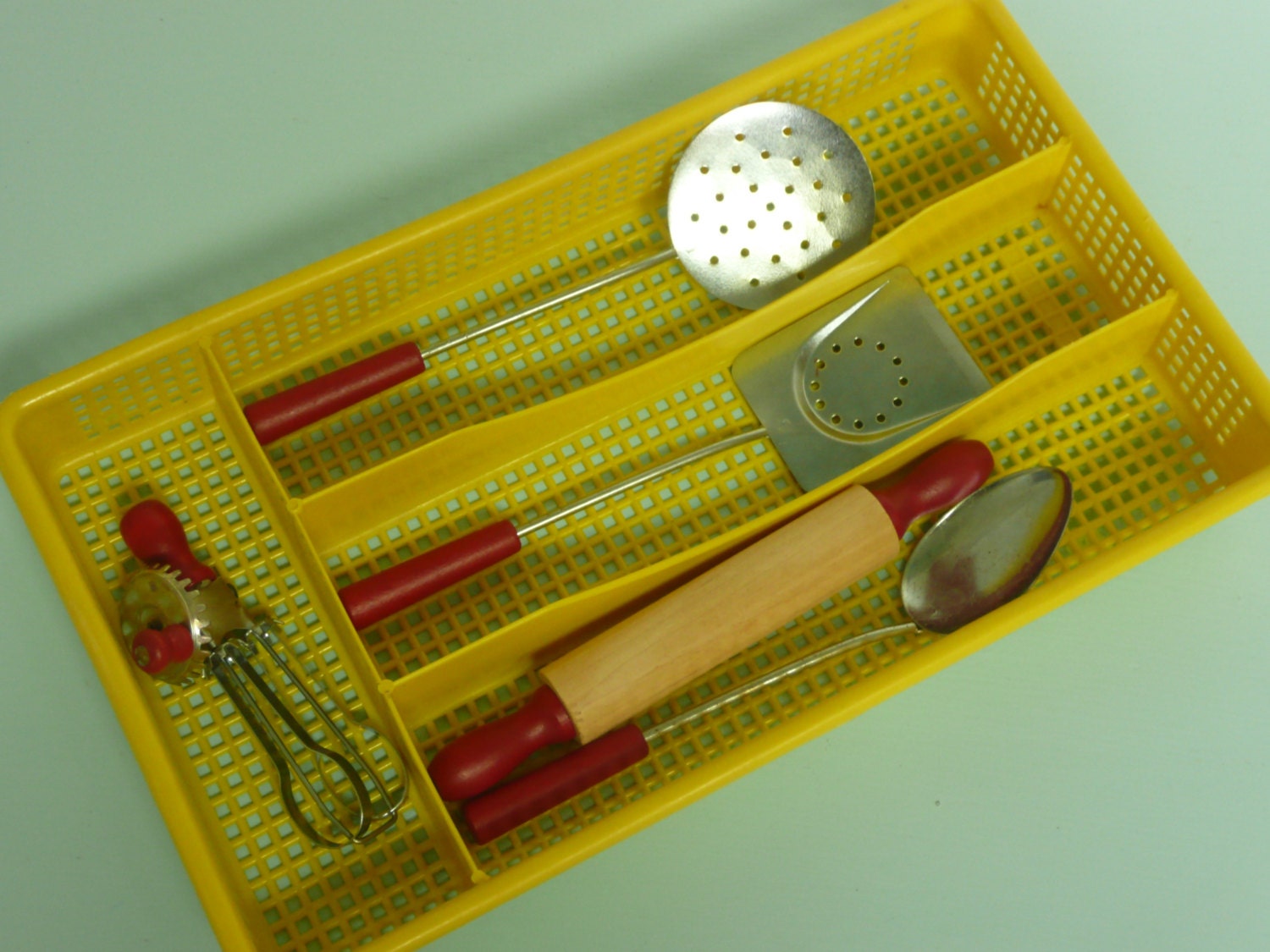 NOS Vintage TOY Kitchen Utensil Set Steel with Red Handles