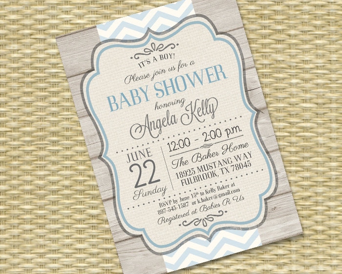Rustic Baby Boy Shower Invitation Rustic Wood Blue Chevron