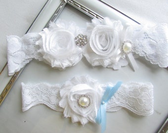 Wedding Garter, Bridal Garter, Garter -/White Garter Set with Pearl & crystal/ Rhinestone