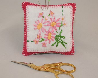 Vintage Linen Embroidered Pincushion - up-cycled/recycled, embroidered pink vintage embroidery re-purposed by Lynwoodcrafts