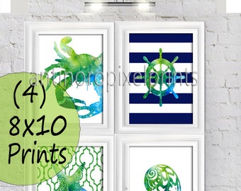 Watercolor Navy Green Turquoise Digital Illustration Bath / Beach House Prints Wall Art Sert of (4) - 8x10 Prints -  (UNFRAMED)