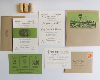 Rustic Vineyard Wedding Invitation Suite, letterpress illustration scenic hot air balloon calligraphy green purple kraft