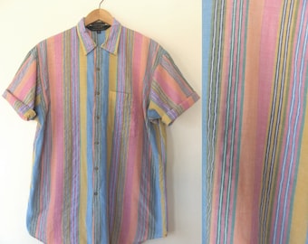 90s Pastel Rainbow Striped Short Sleeve Button Up - Cotton Chambray ...