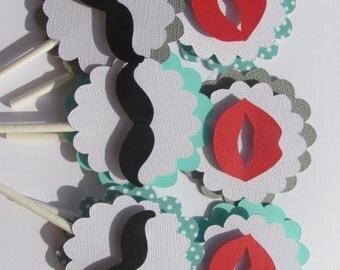 Cupcake Toppers, Set of 12, Lips and Mustaches baby shower decorations
