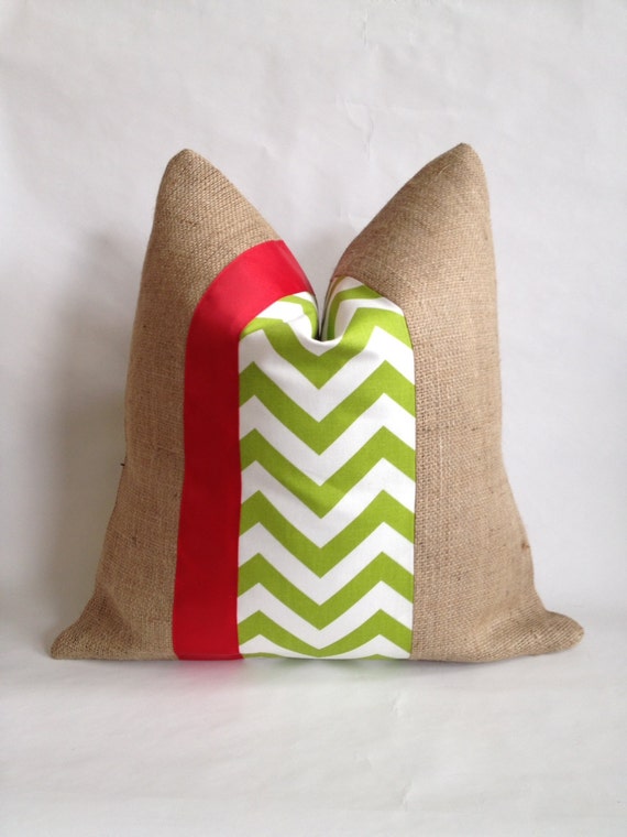 Items similar to Green Chevron Fabric and Burlap Pillow Cover with Red