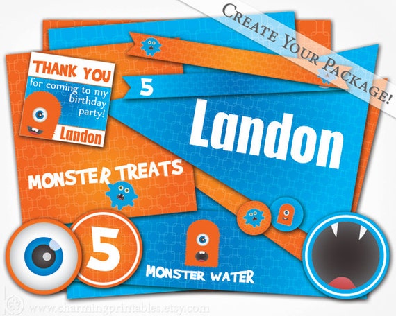 Monster Party Printables - DIY Digital Files for Lil Monster Birthday - Blue Orange Monster Birthday Party Decorations for Little Boy Il_570xn
