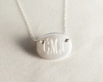 Oval Monogrammed Necklace in Sterling Silver for Women or Bridesmaid Present