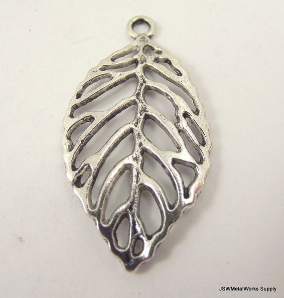One 1 Large Pewter Leaf Pendant Pewter Outline Leaf