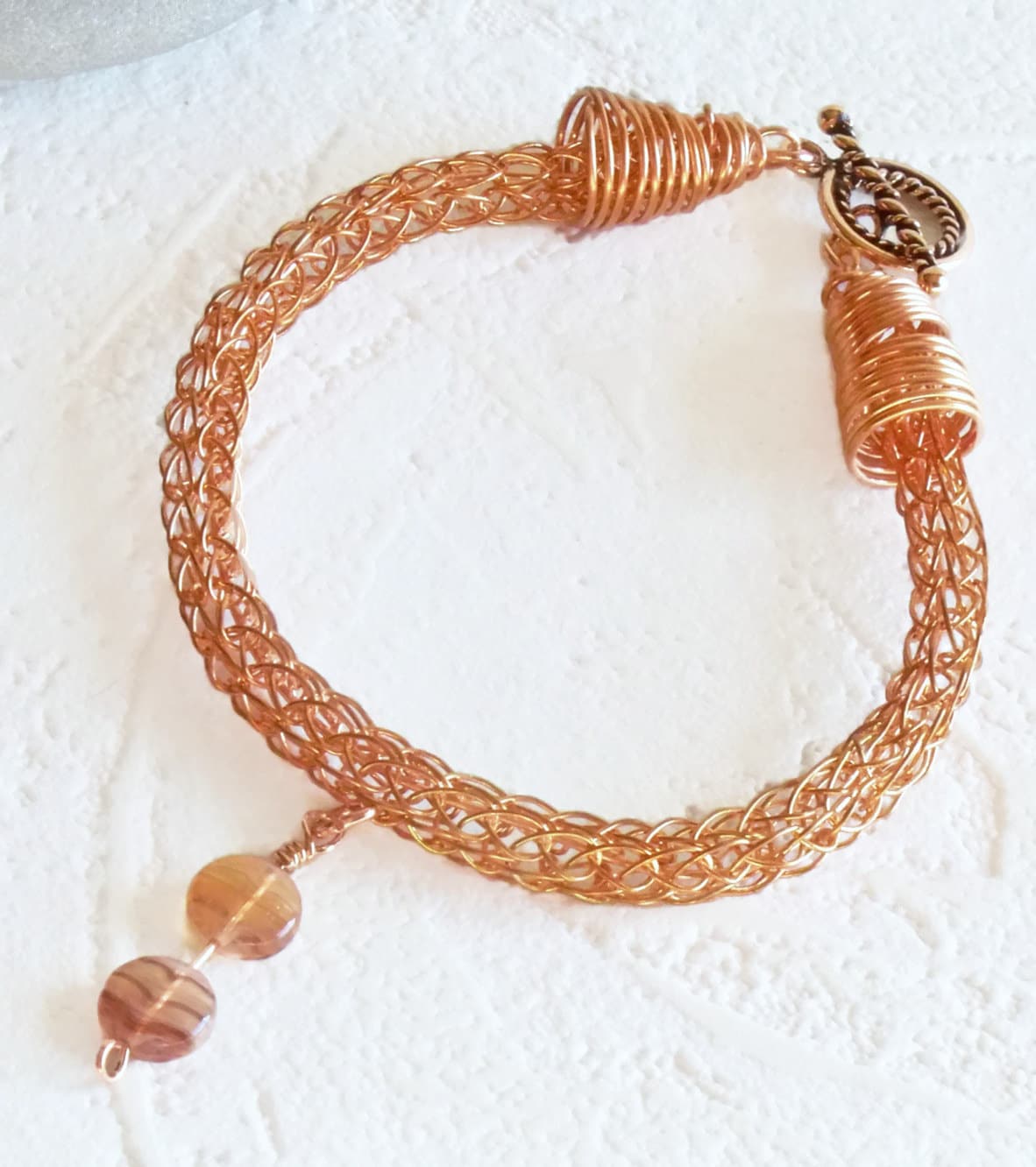 Viking Knit Bracelet in Copper with Bead Dangle