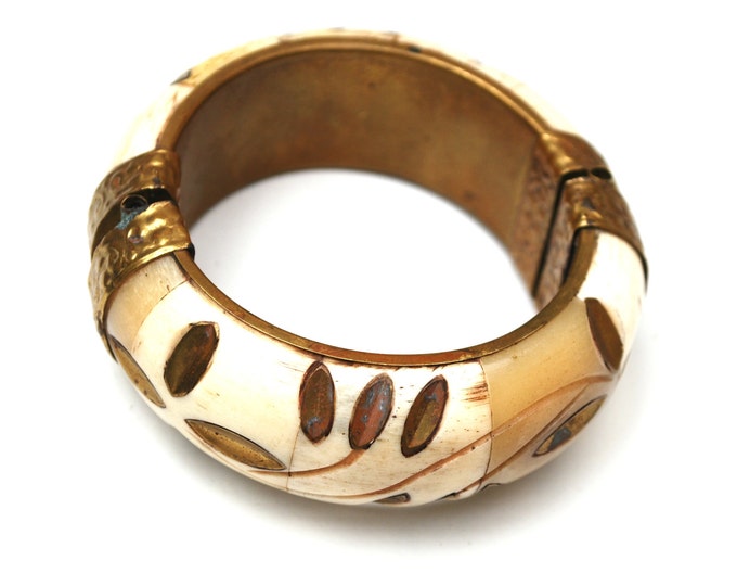 Bone Brass Hinge bracelet - gold floral design - Boho chunky cream and gold bangle